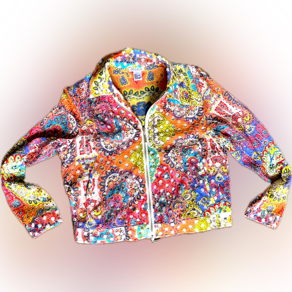 OO LA LA Paisley Colorful Zip Jacket Lightweight Size Large